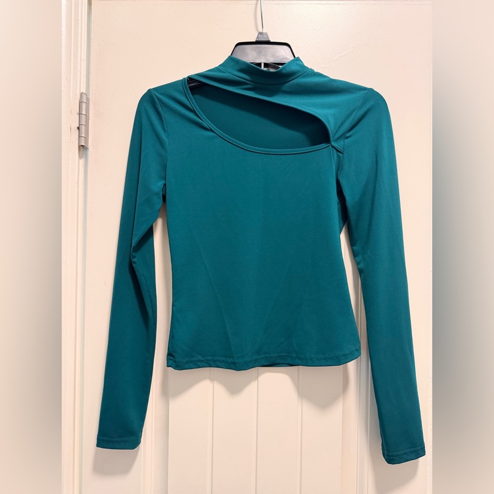 Teal Long Sleeve Cutout Top